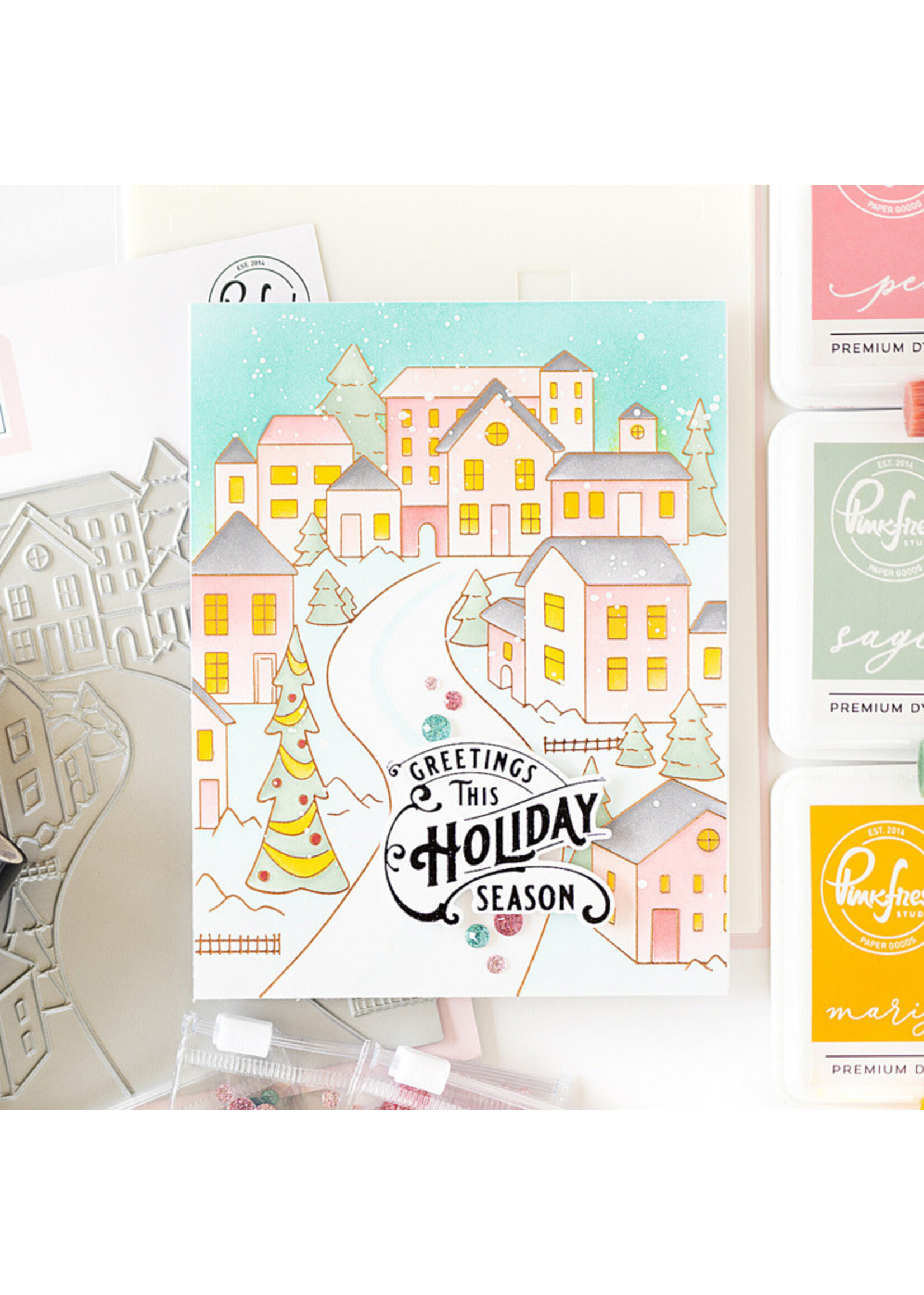 Pink Fresh Studio PFS Stamp/Stencil/Press Plate Bundle, Holiday Street