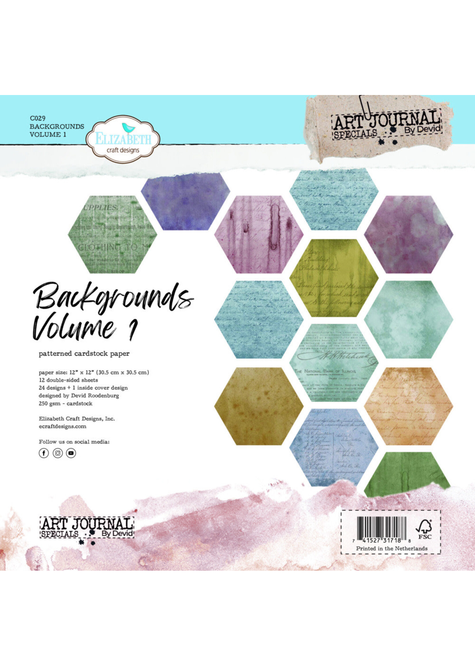 Elizabeth Craft Design 12x12 Printed Cardstock Pack, Backgrounds Volume 1