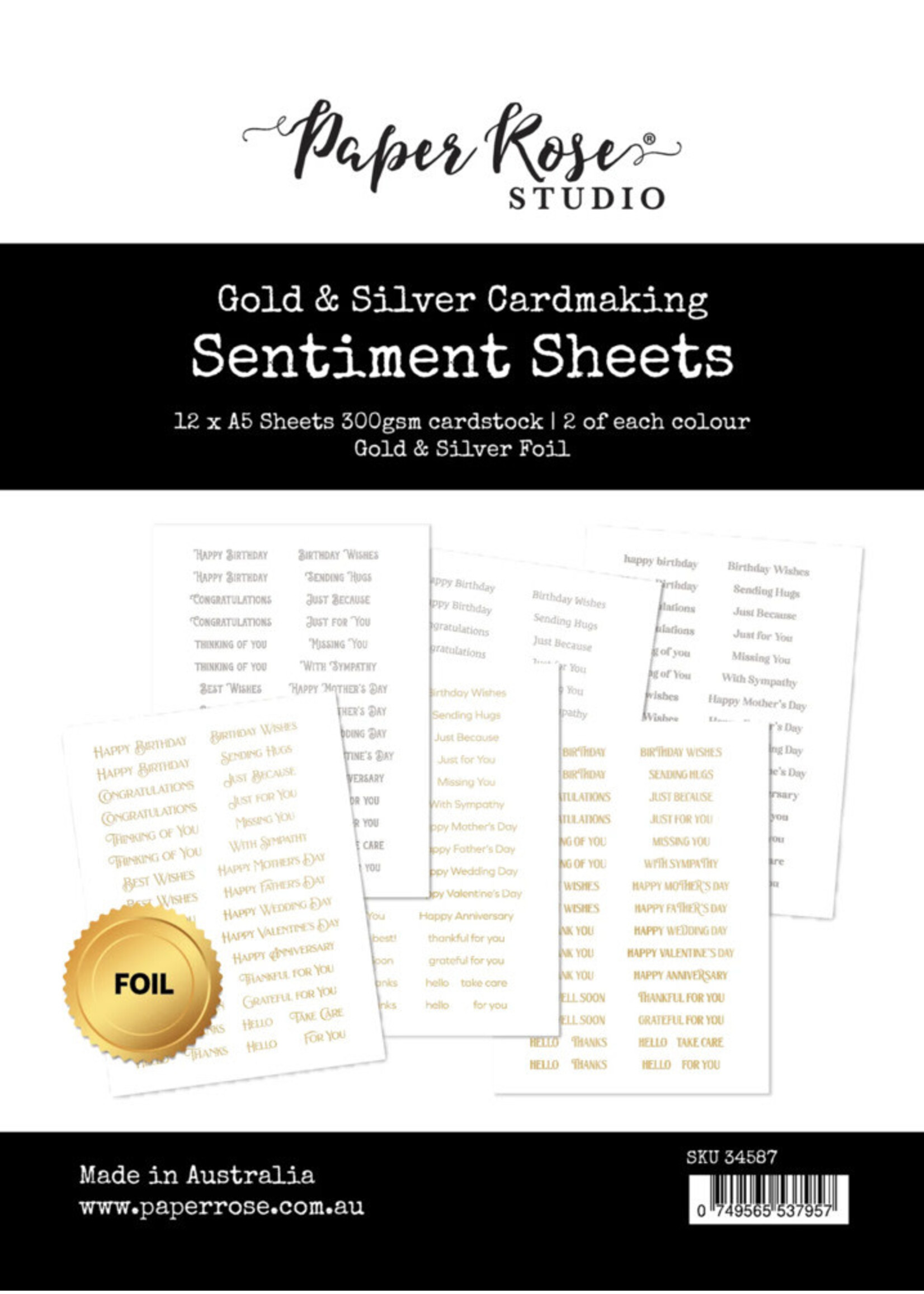Paper Rose 6x8 Sentiment Sheets, Gold & Silver (12 pc)