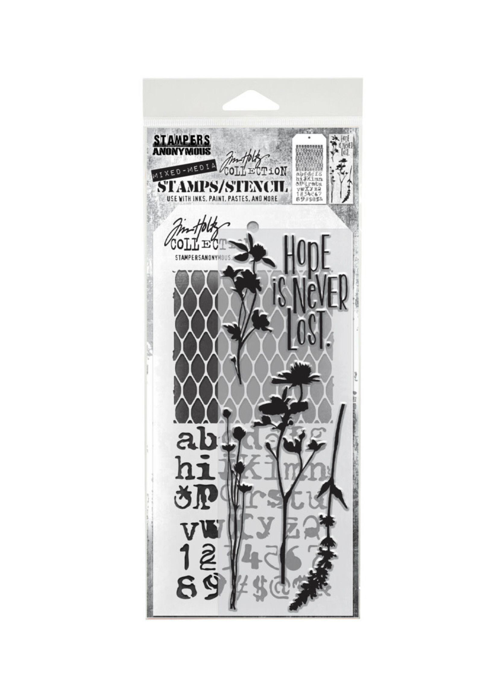 Stampers Anonymous Tim Holtz Mixed Media Stamp/Stencil, #17 Wildflowers/Mesh/Typo