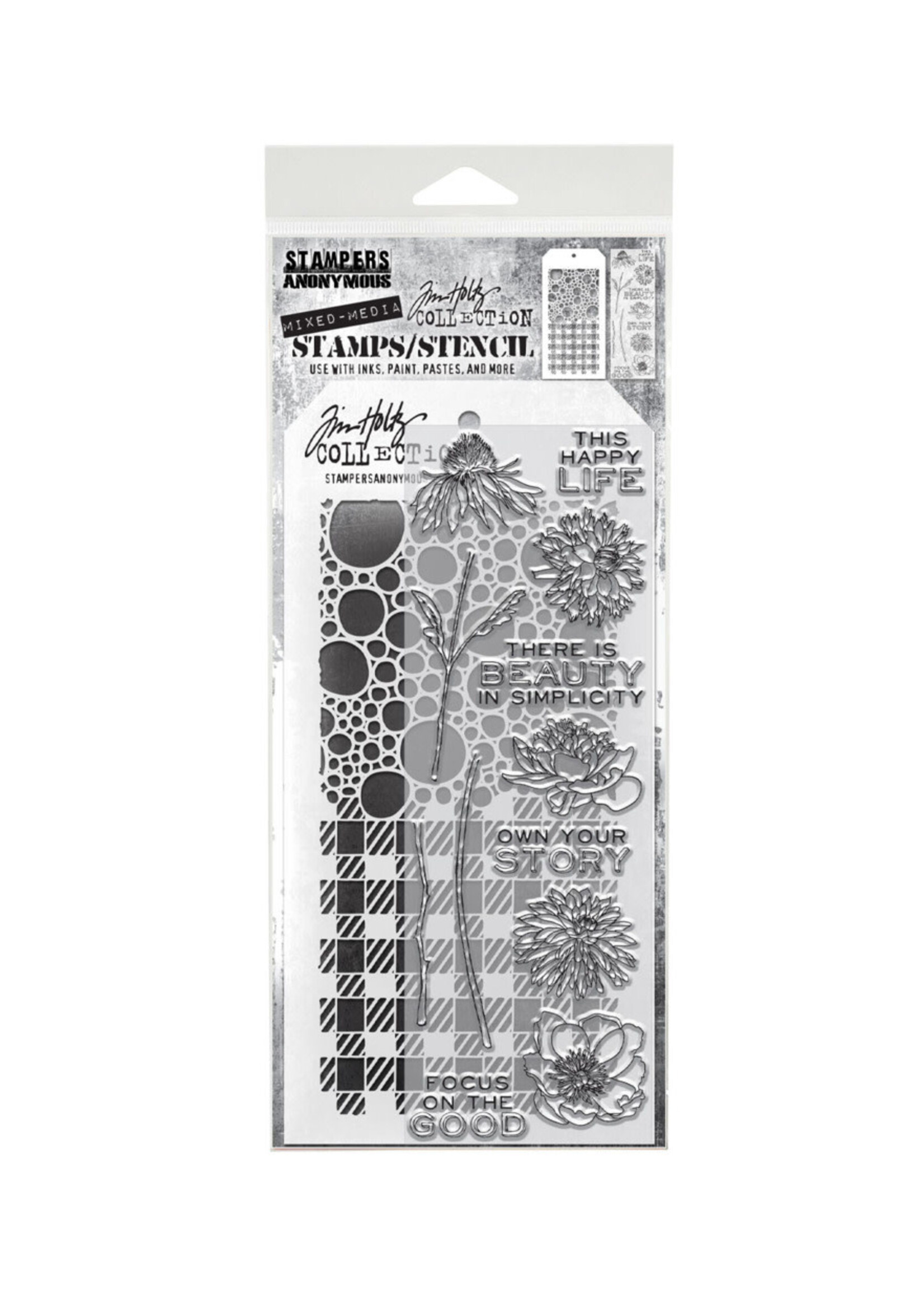 Stampers Anonymous Tim Holtz Mixed Media Stamp/Stencil, #24 Flower Garden/Bubbles/Gingham