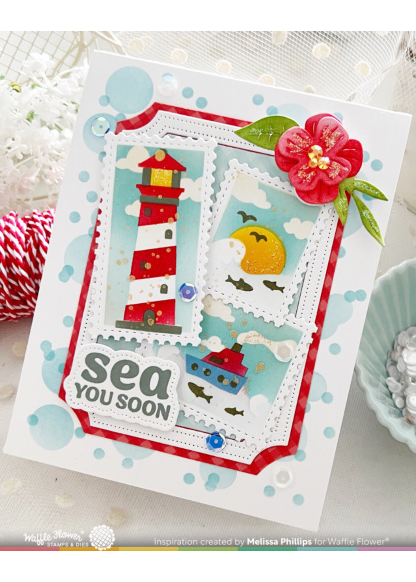 Waffle Flower Stencil, Postage Collage Coastal