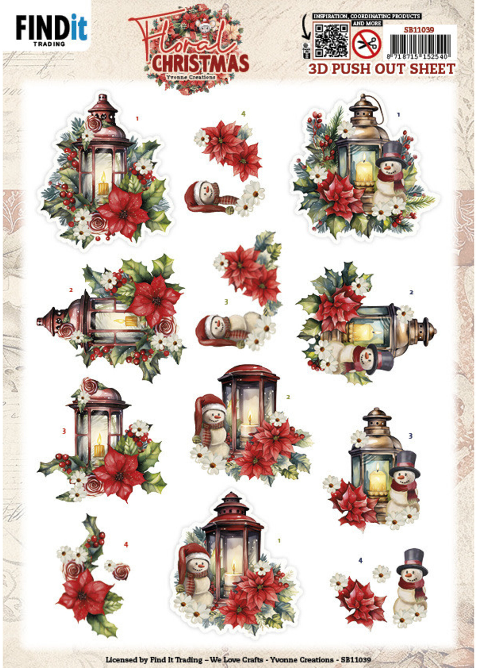3D Push Out Sheet, Floral Christmas - Floral Lantern