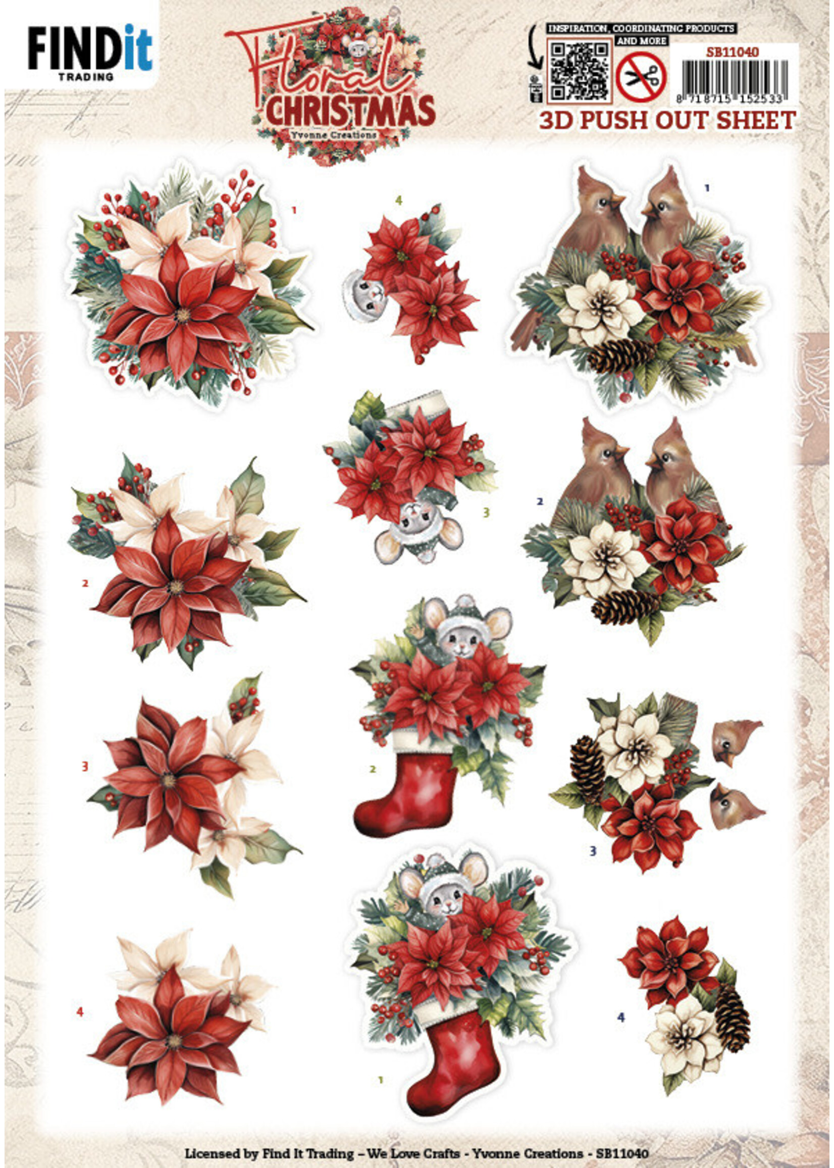 3D Push Out Sheet, Floral Christmas - Floral Poinsettia