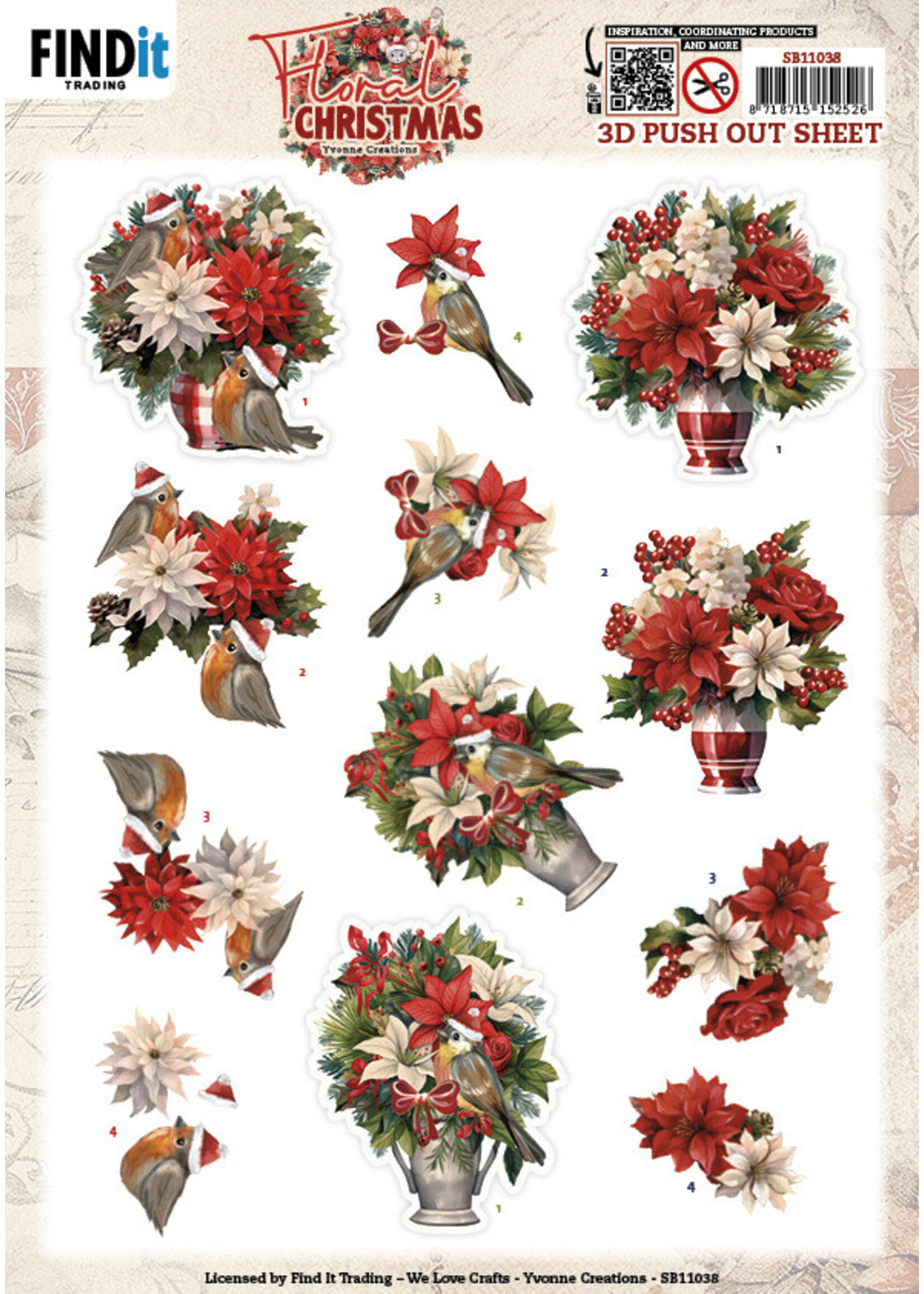 3D Push Out Sheet, Floral Christmas - Floral Vase