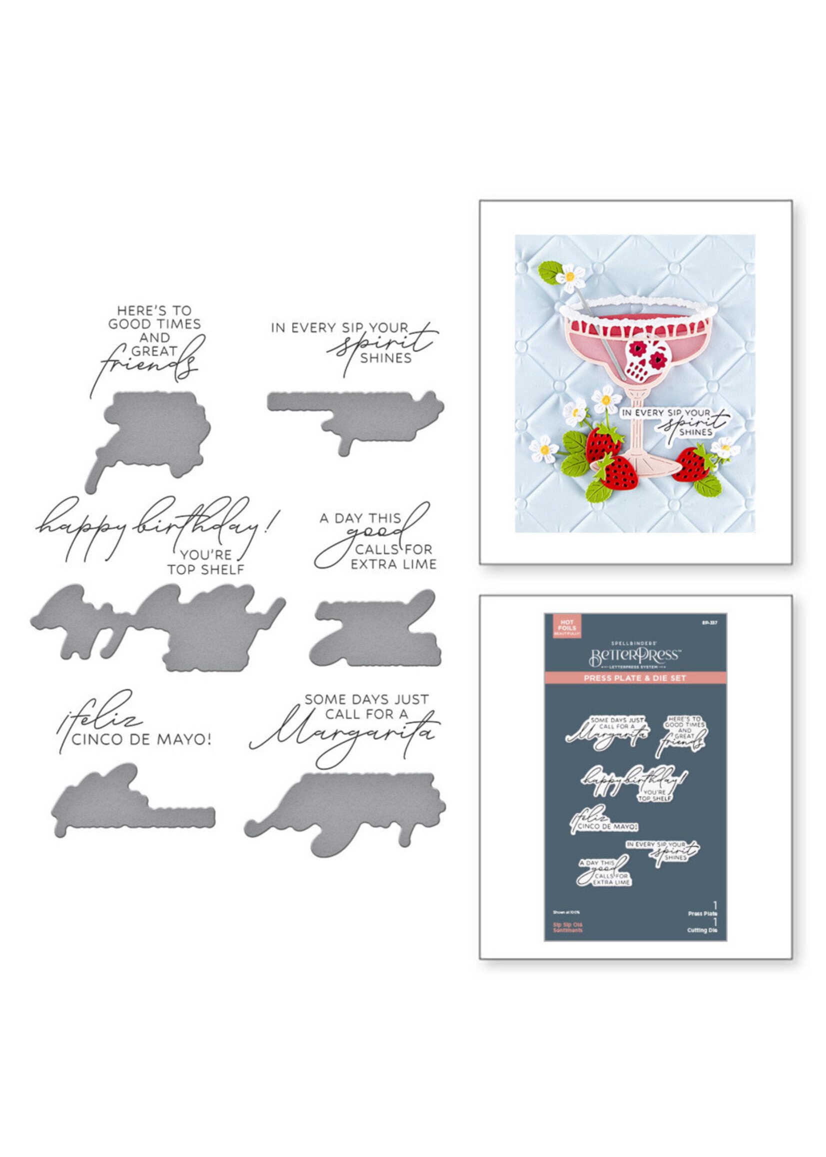 Spellbinders BetterPress Plate & Die Set, Happier Hour - Sip Sip Ole Sentiments