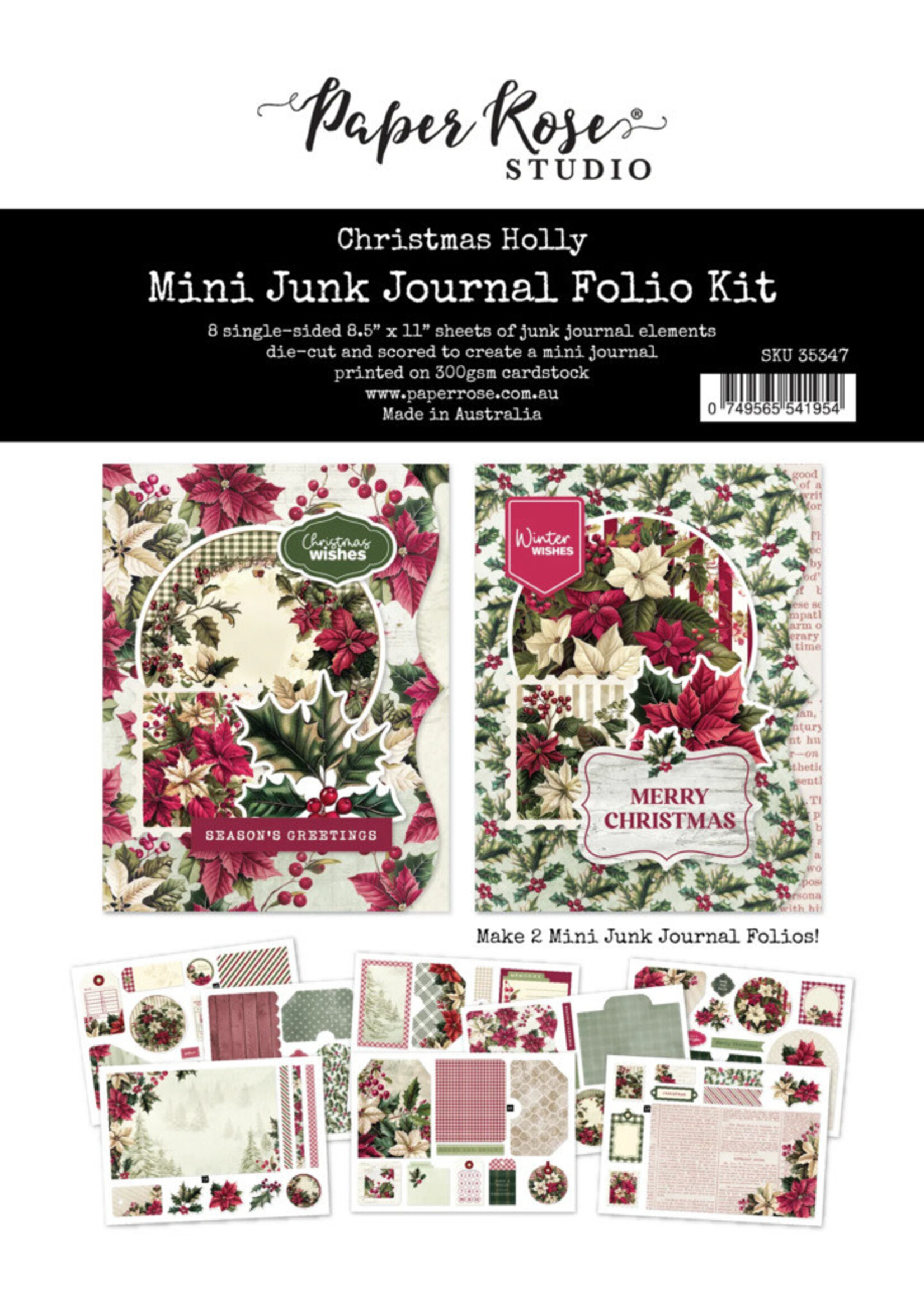 Paper Rose Paper Rose 8.5X11 Mini Junk Journal Folio Kit, Christmas Holly