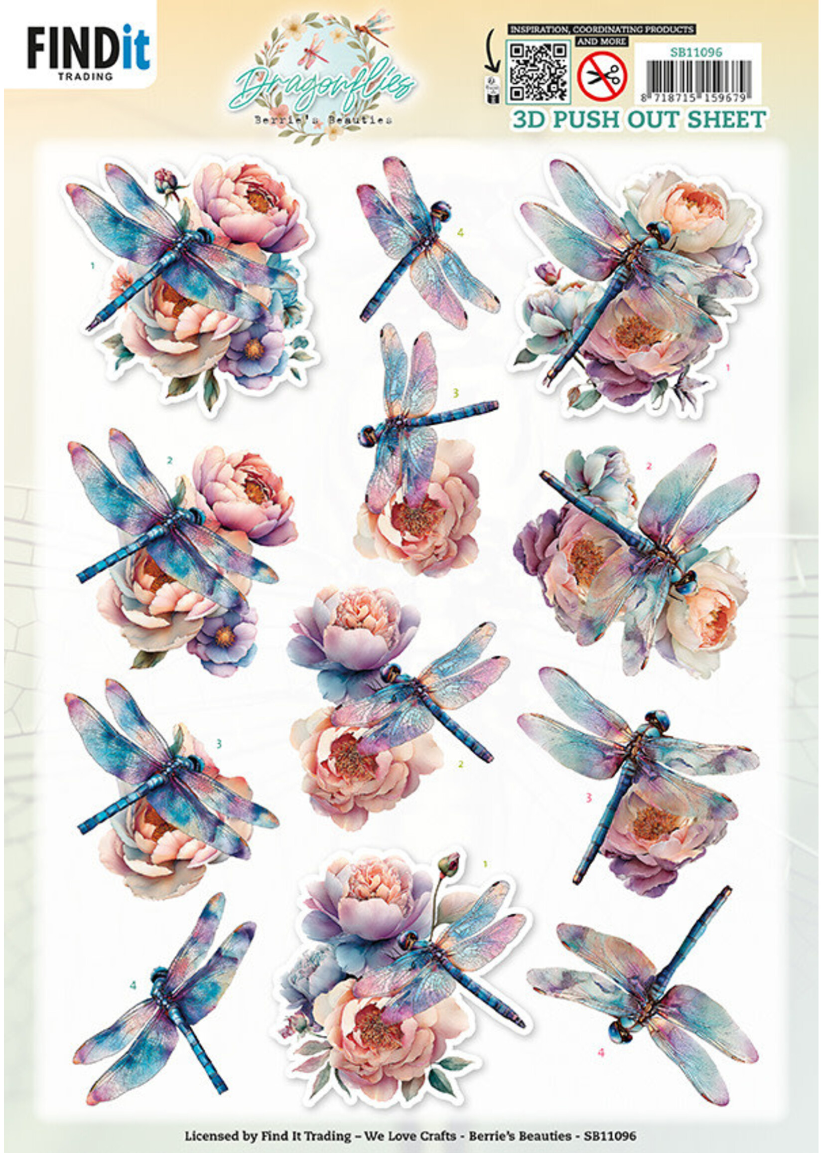 Berries Beauties 3D Push Out Sheet, Dragonflies - Azure