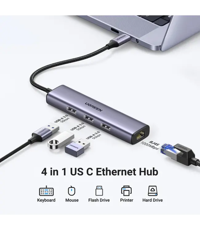 UGREEN UGREEN USB-C to 3-Port USB 3.0 Hub with Gigabit Ethernet - Переходник для Macbook