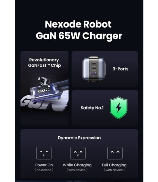 UGREEN UGREEN 2xUSB-C+1 USB, 65W, QC4.0+, Nexode Robot GanN - Адаптер питания