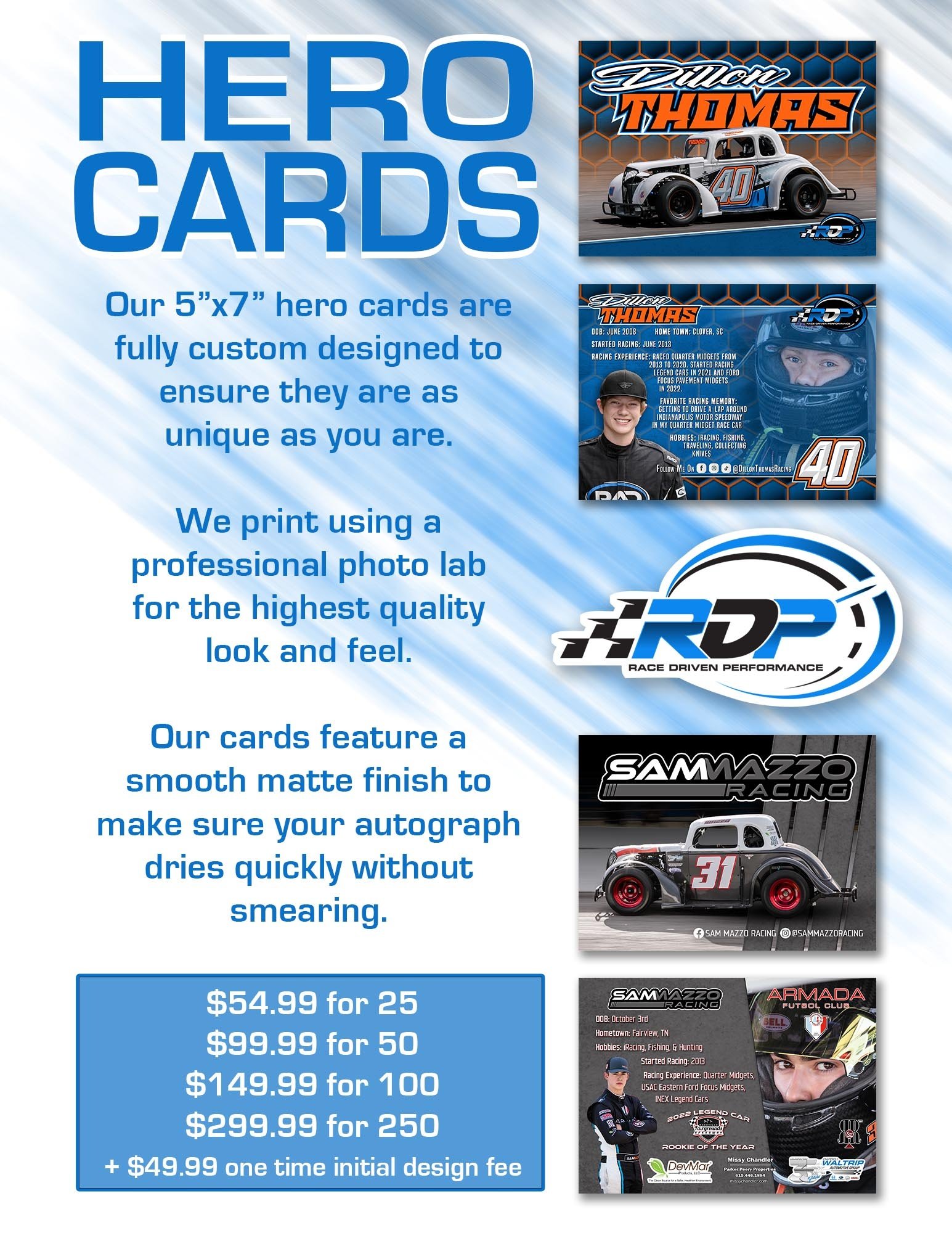 Hero card info sheet with pricing