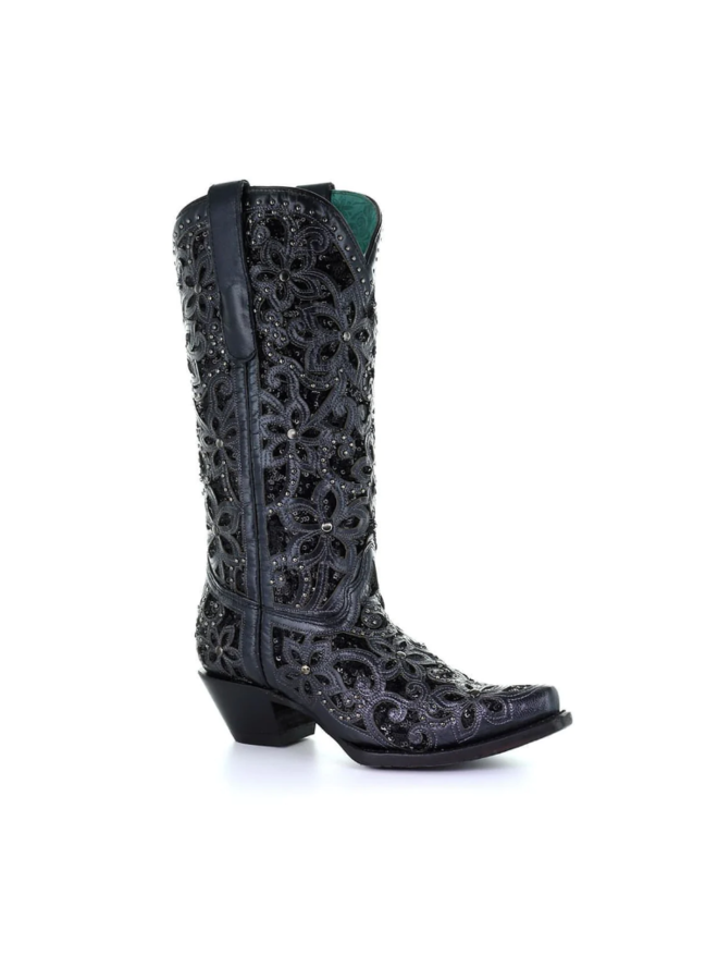 Black Inlay Embroidery & Studs Boot
