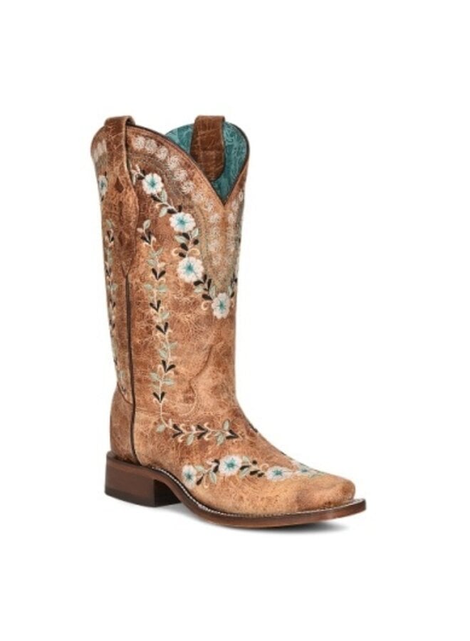 Distressed Cognac Floral Embroidered Boot
