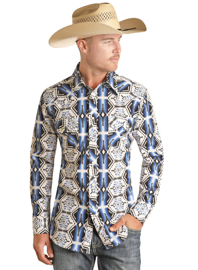 Blue Aztec Woven Long Sleeve Snap Shirt