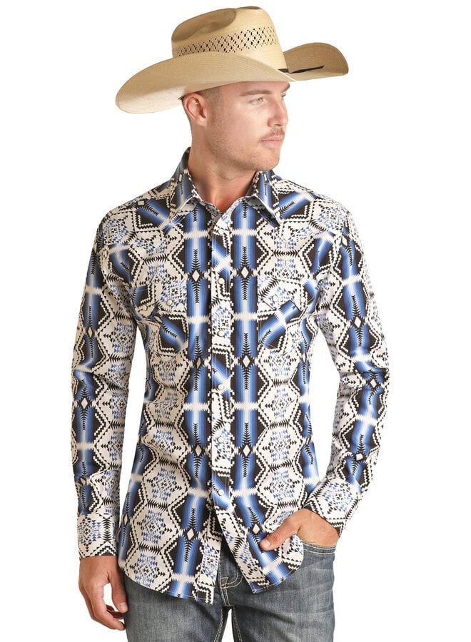 Men's Blue Aztec Woven Long Sleeve Snap Shirt