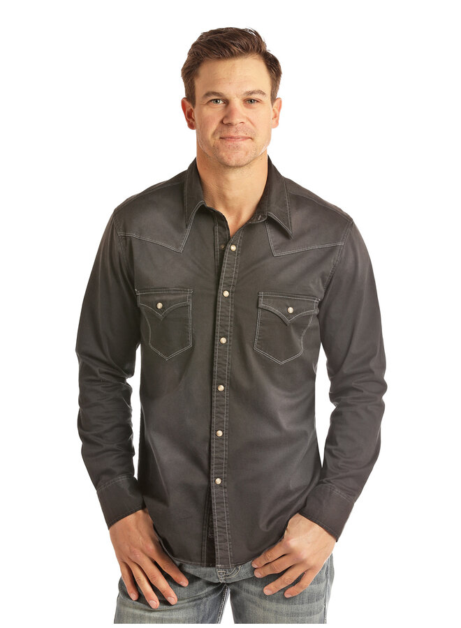 Black Solid Twill Snap Shirt