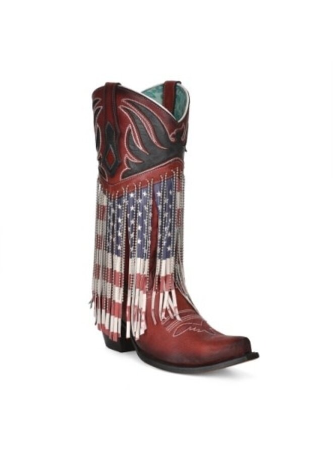 Ladies' Red Blue Inlay & Stars Stripes Fringe Chain Boot