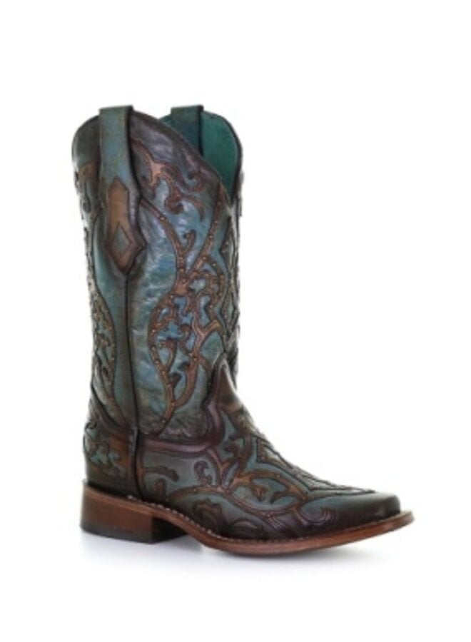 Turquoise/ Brown Overlay & Embroidered Boot