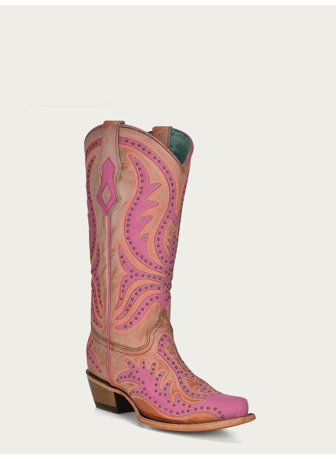 Pink Fluorescent Embroidery & Studs Boot