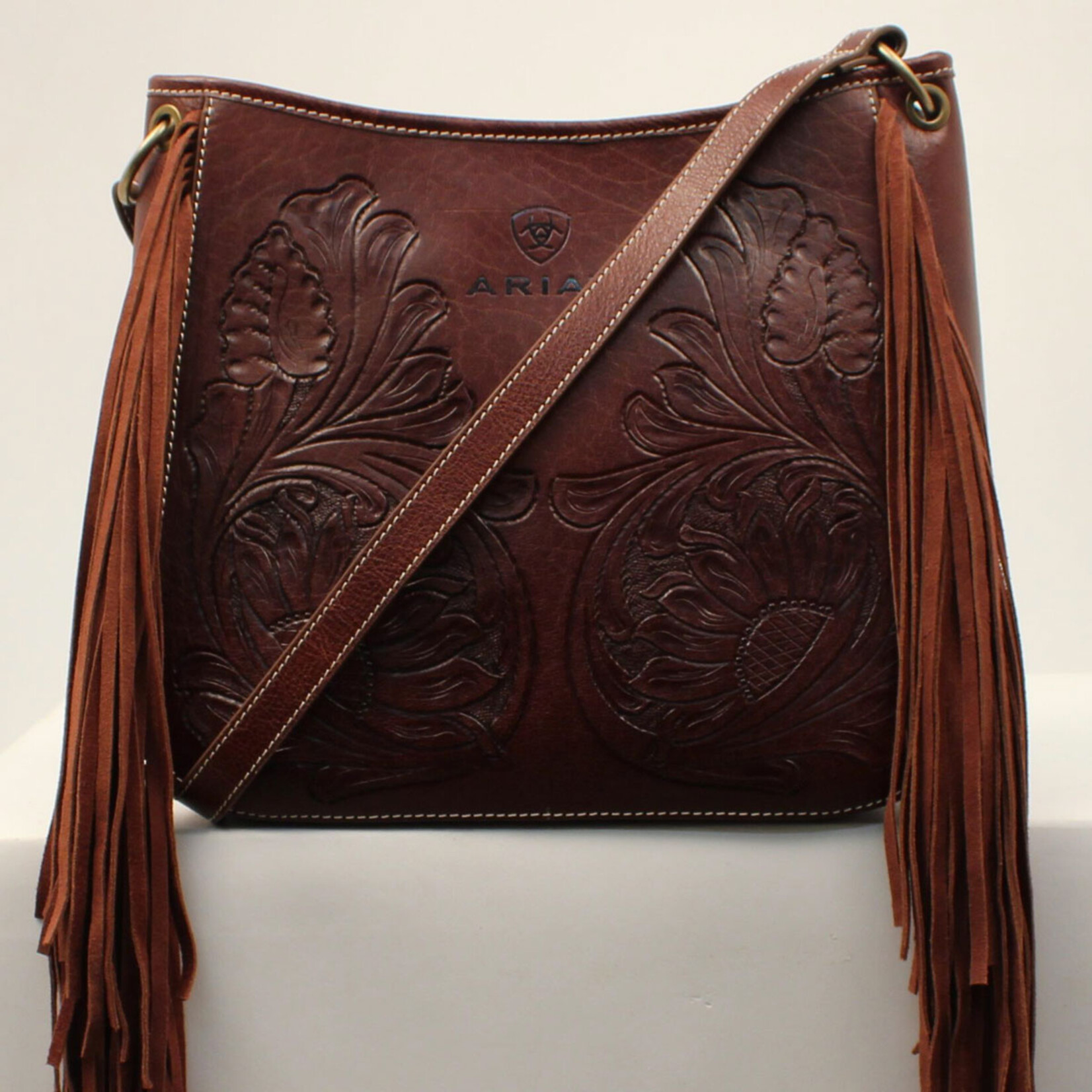 Western Genuine Leather Floral Tooled Fringe Womens Crossbody Bag In Multi  Color 