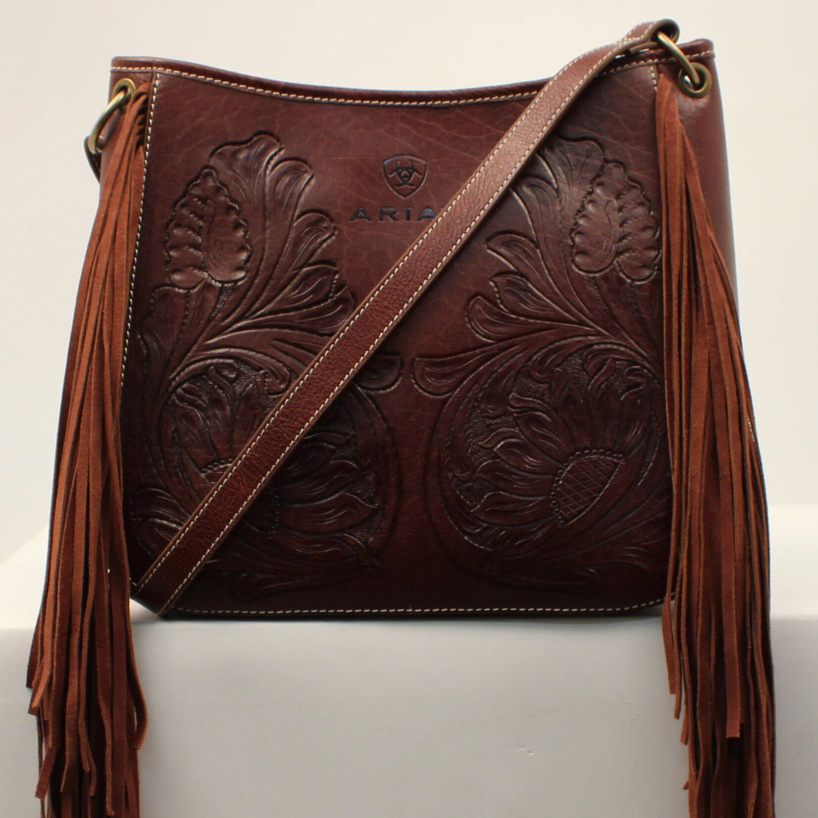 Western Genuine Leather Floral Tooled Fringe Womens Crossbody Bag 