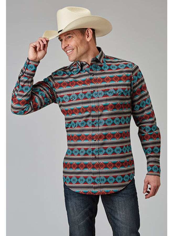 Aztec Stripe Print Long Sleeve Snap Shirt