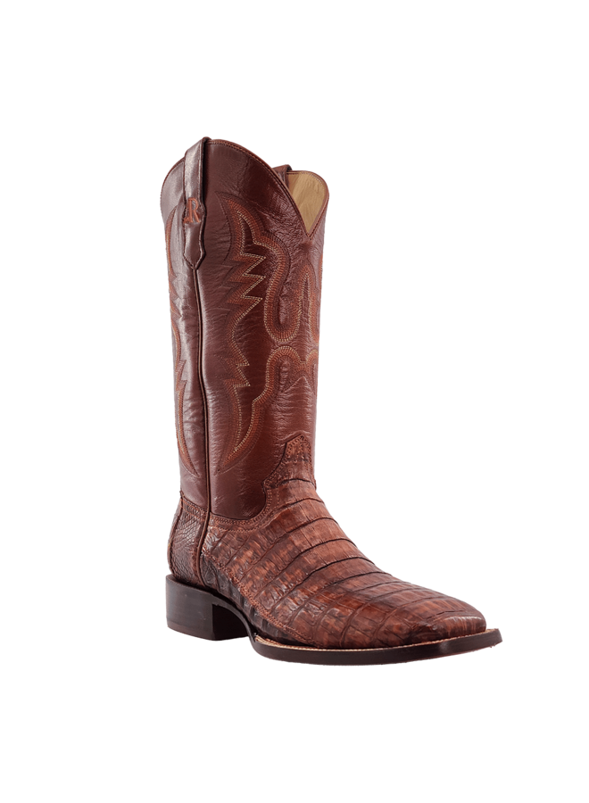 Men's Cognac Caiman Tail Wide Square Toe Boot