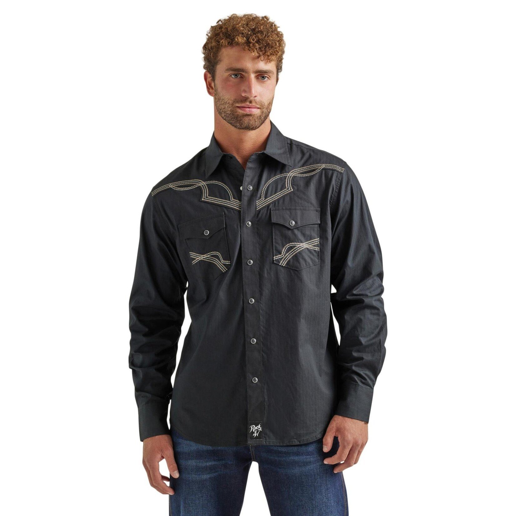 Wrangler Mens Rock 47 LS Black Piped Snap Shirt - Howell Western Wear