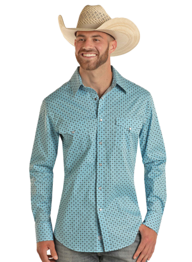 Men's Long Sleeve Turquoise Geo Snap Shirt