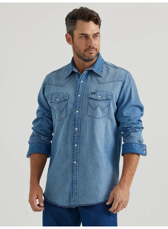 Vintage-Inspired Western Snap Workshirt in Medium Blue