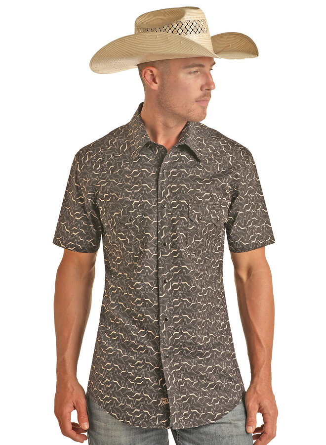Men's Tek Western Black Longhorn Print Short Sleeve Snap Shirt