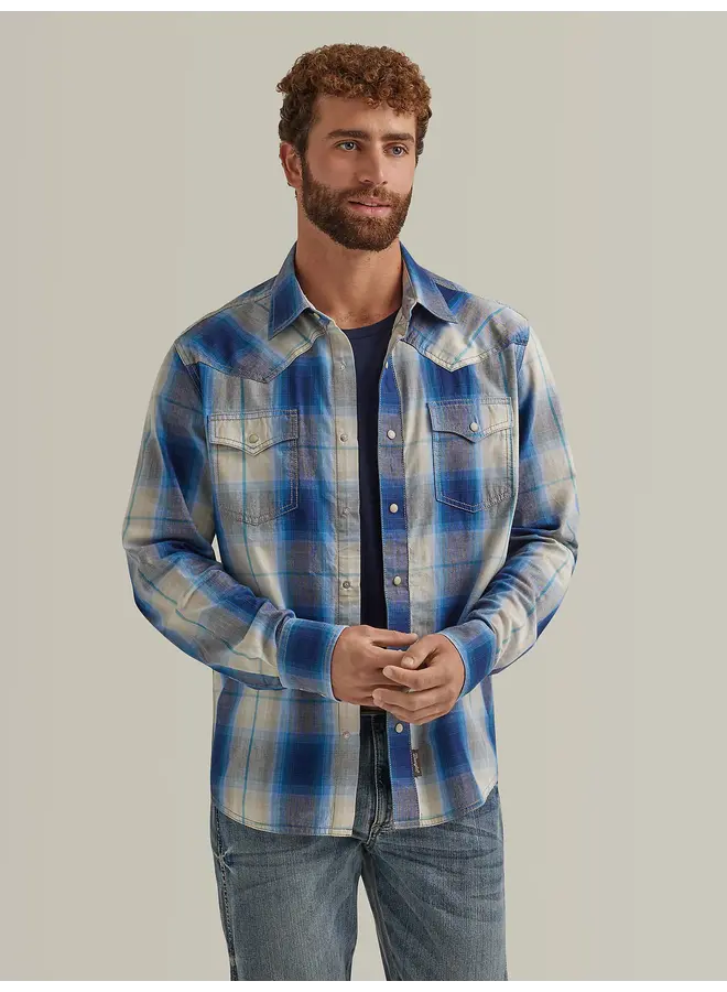 Men's Retro Premium Modern Fit Blue Plaid Snap Shirt