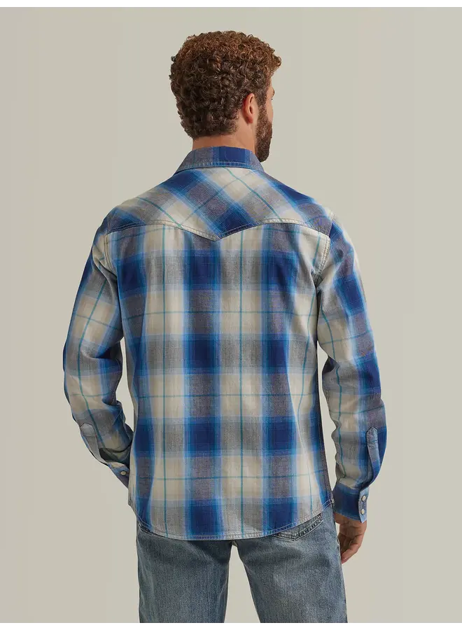 Men's Retro Premium Modern Fit Blue Plaid Snap Shirt