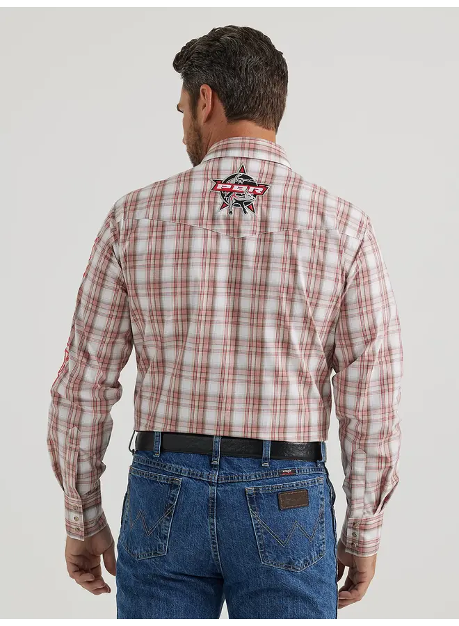 Men's PBR Logo Long Sleeve Red Plaid Snap Shirt
