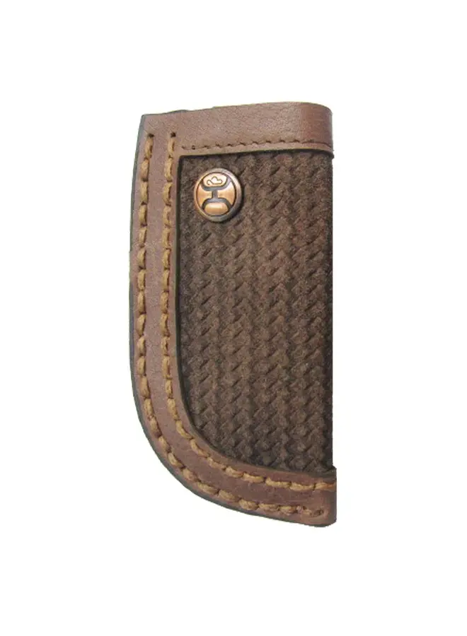 Classic Roughout Brown Rough Out Basket Weave Leather Knife Sheath with Brown Oil Tanned Leather Double Welt Edge and Hooey 2.0 Logo Copper Rivet