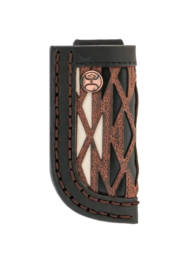 Chapawee Black Leather Knife Sheath with Brown Laser Cut Center Panel and Cream / Black / Red Leather Inlay with Hooey Logo Rivet