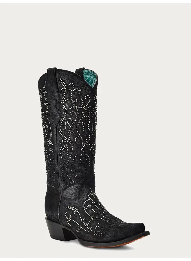 Black Embroidery & Crystal Boot