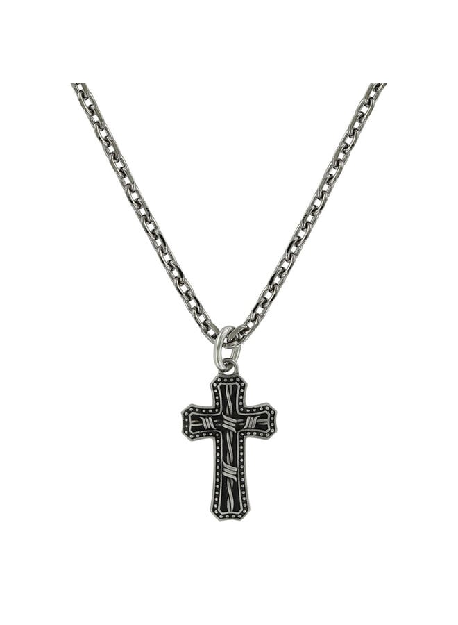 Antiqued Stainless Barbed Wire Cross Necklace