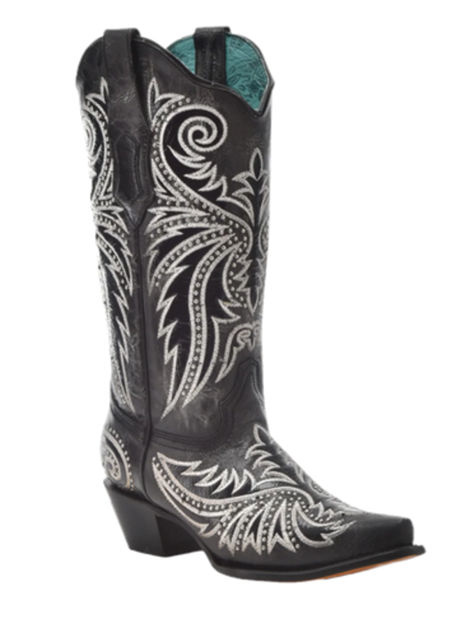 Ladies' Embroidered & Studded Black Western Boots