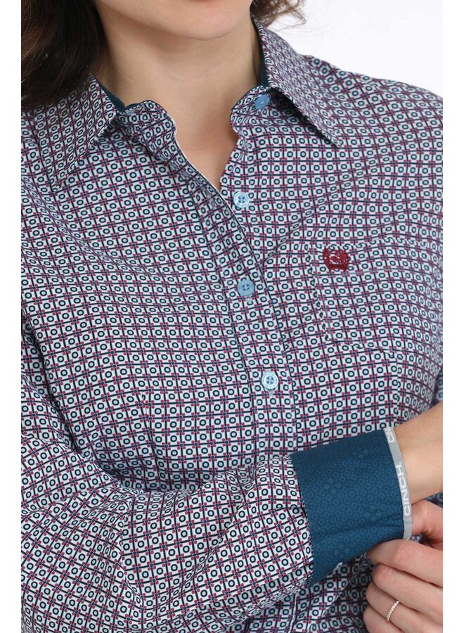 Ladies' Geometric Print Button Down Long Sleeve Shirt - Multi