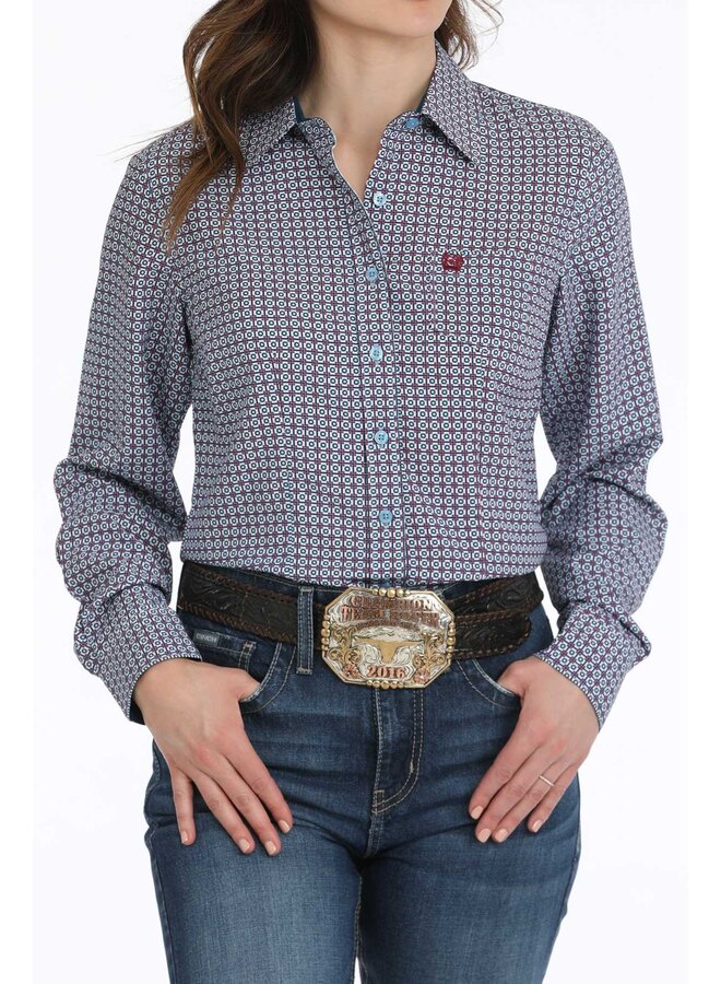 Ladies' Geometric Print Button Down Long Sleeve Shirt - Multi