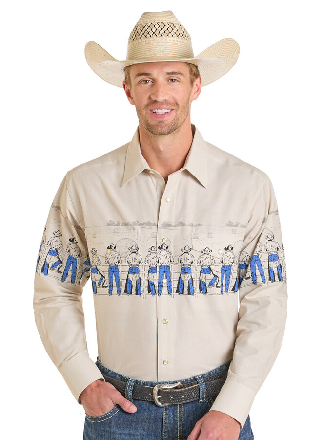 Men's Denim Cowboy Border Print Snap Shirt
