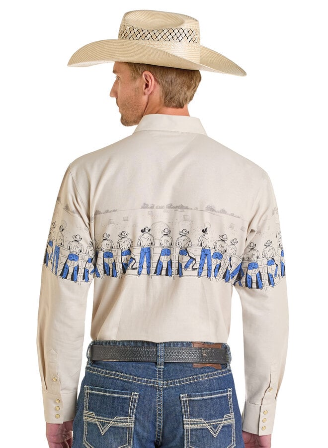 Men's Denim Cowboy Border Print Snap Shirt