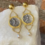 ARA Collection Coin Replica, Pearl and 24k Gold Dangle Earrings