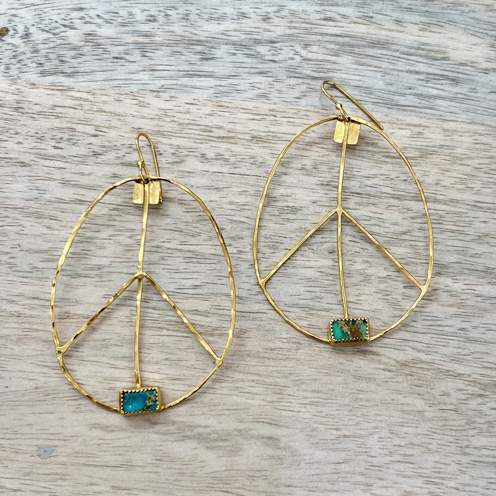 DeNev 18kt Yellow Gold Vermeil + Rectangle Shape Raw Persian Turquoise Large Peace Earrings