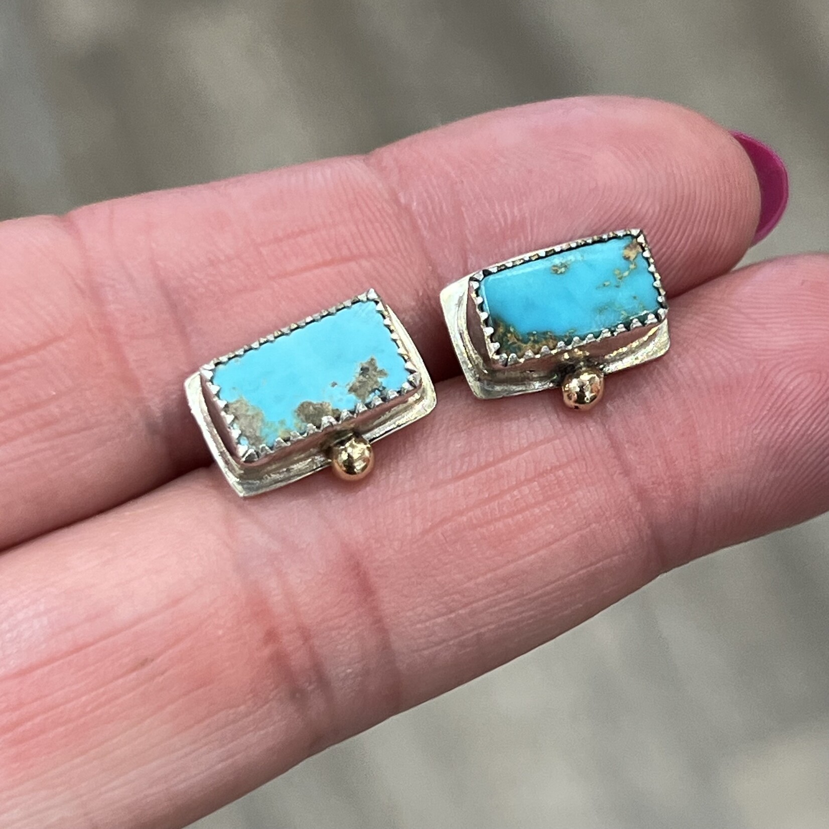 DeNev Raw Persian Turquoise Rectangle Post Earrings With Gold Bead Detail
