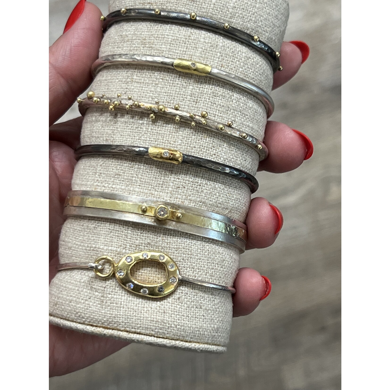 Silver, 14k Gold, and Diamonds "Donut" Cuff Bracelet