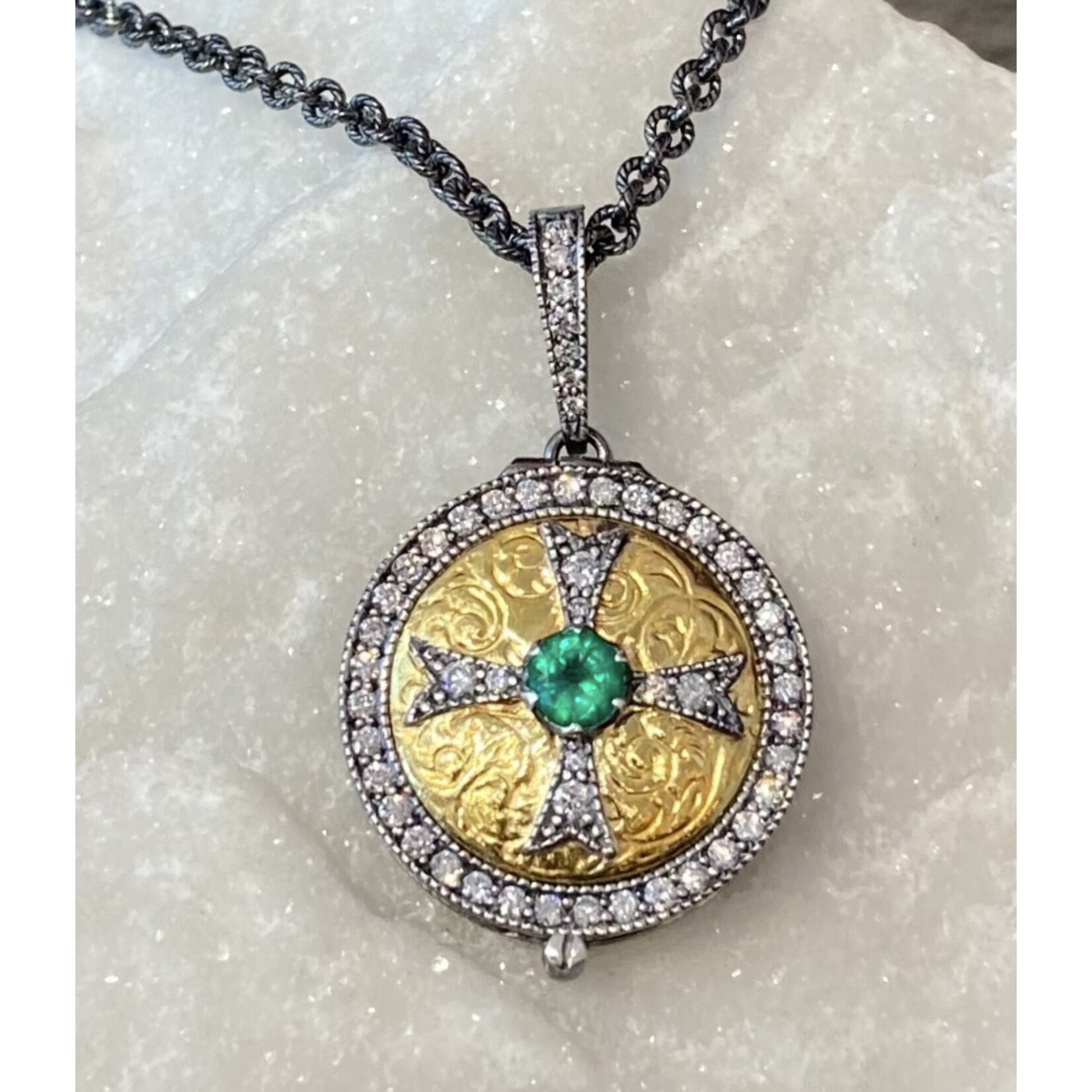 Arman Sarkisyan Emerald and Diamond Cross Locket Necklace