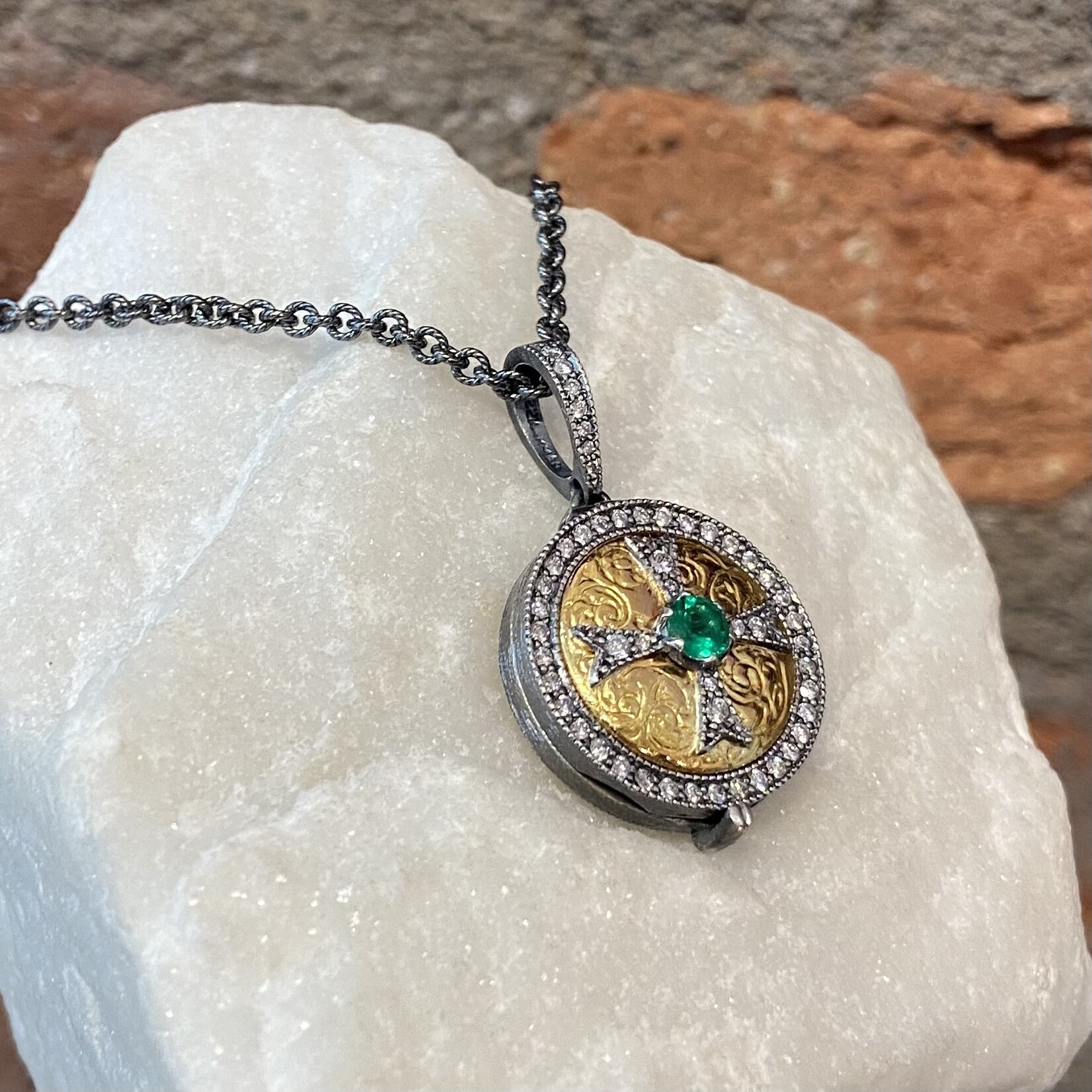 Arman Sarkisyan Emerald and Diamond Cross Locket Necklace