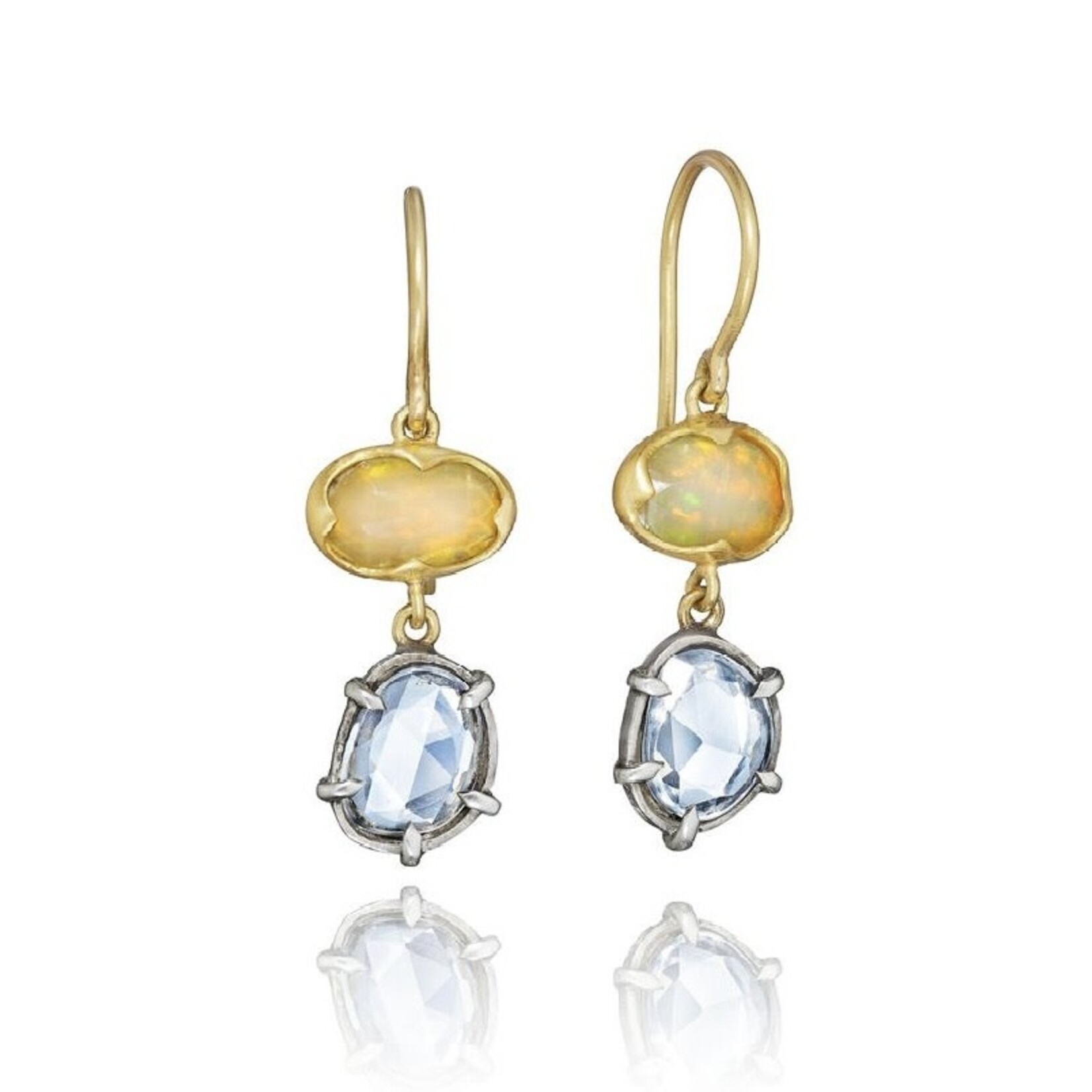 Annie Fensterstock 18k Yellow Gold, Opal, and Sapphire Drop Earrings